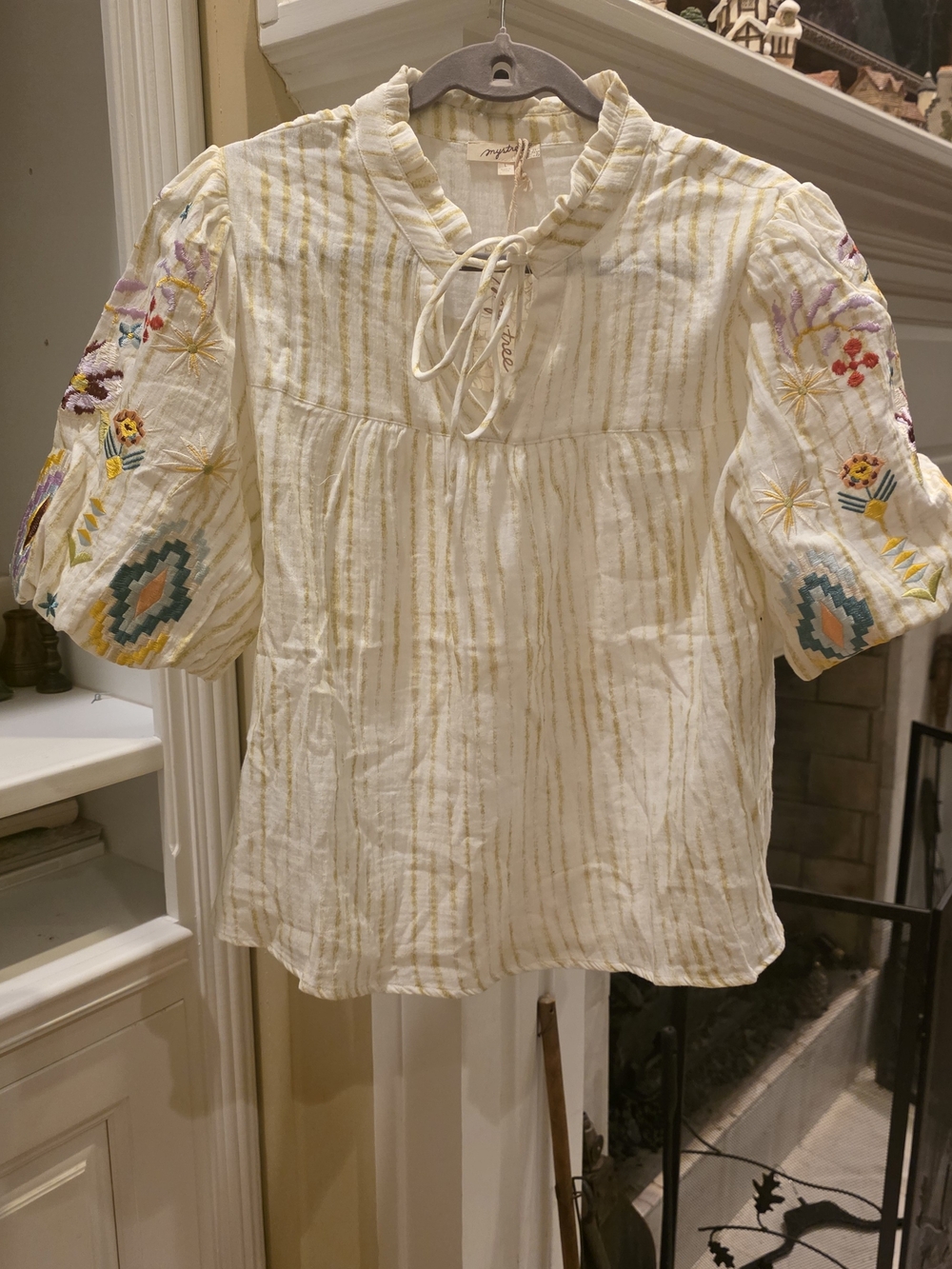 Mystree Cream & Yellow Striped Embroidered Puff-Sleeve Blouse